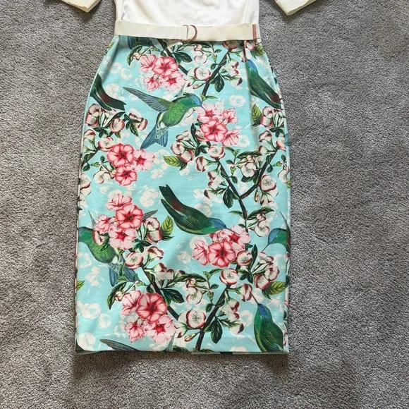 Ted Baker Aqua, Pink and Green Floral & Bird Pencil Skirt - Picture 3 of 6